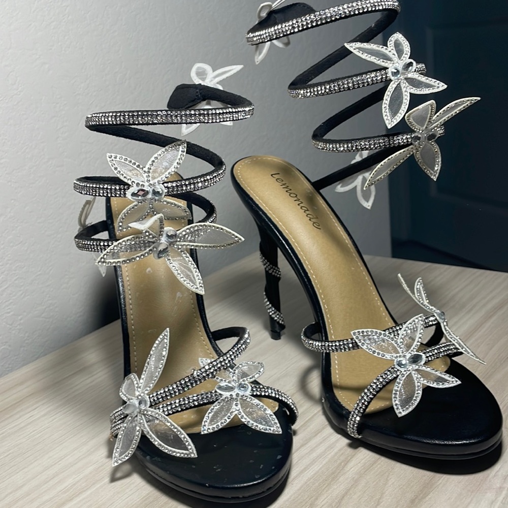 Lace up Sparkle Butterfly Black Heels